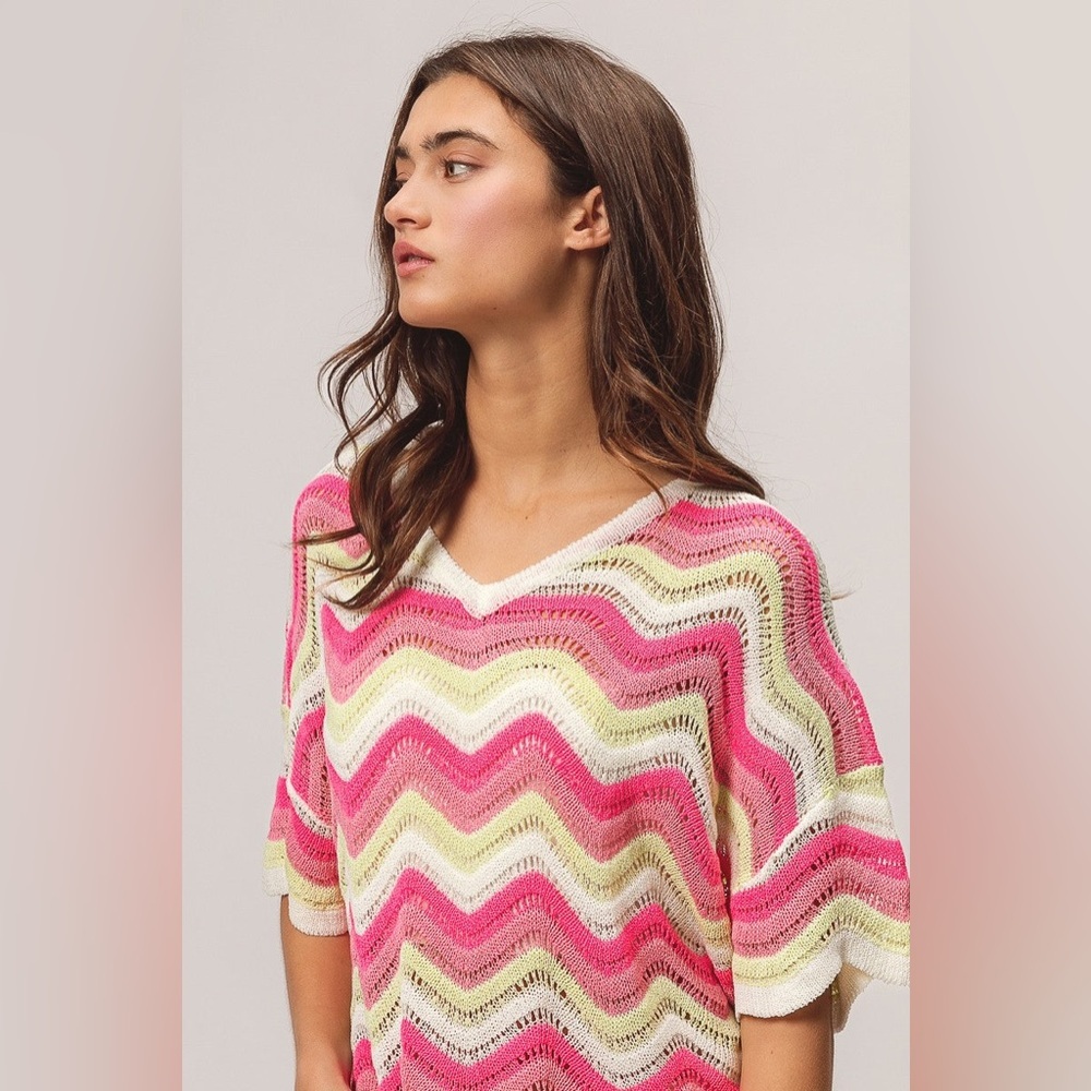BiBi Pink Pointelle Slouchy Beachy Short Sleeve Knit Top Size Small - Picture 7 of 7